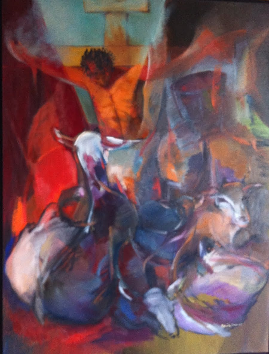 Jesus and Sheep這幅畫作是作者在經歷一個人生大轉變時創作的，今天貼出來分享。.......聖經以賽亞書53章第4～7節這麼說：他承當了我們的憂患，他擔負了我們該受的痛苦。我們反而認為他該受責罰，該受上帝的鞭打和苦待。為我們的罪惡，他被刺傷，為我們的過犯，他挨毒打。因他受責罰，我們得痊癒，因他受鞭打，我們得醫治。我們都像一群迷失的羊，各走自己的路。但我們一切的過犯，上主都使他替我們承當。他受迫害，受虐待，但他一言不發。他像待宰的小羊，像被剪毛的羊，他一聲不響。.......事實上，這段話，幾十年來不知聽過多少牧者的講道，好像就那麼聽過了，當走在人生大轉變的途中，這段經節深深地打動了作者，而決定畫下來，.........十架背後的天空被撕裂成兩半的布縵切割呈三角形，在構圖上突顯張力，撕裂的布縵則隱喻著從此人與神之間的隔閡打開了，人不必再透過祭司才能與神對話。又，作者特意將光源投射自天而降， "這強調表明他是上帝的愛子，卻為我們成了贖罪"， "羊，事實上代表了三個面向，其一，我們都像一群迷失的羊，其二，他像待宰的羊，像被剪毛的羊，其三，好牧者為羊捨命。"另外，右上角隱約中藏了一個杯，這杯是隱喻，領受聖餐時， "每次飲這杯，紀念基督為我們捨命所流的血"（這幅畫曾在Hill Crest Church 入選並獲宗教畫第二獎）